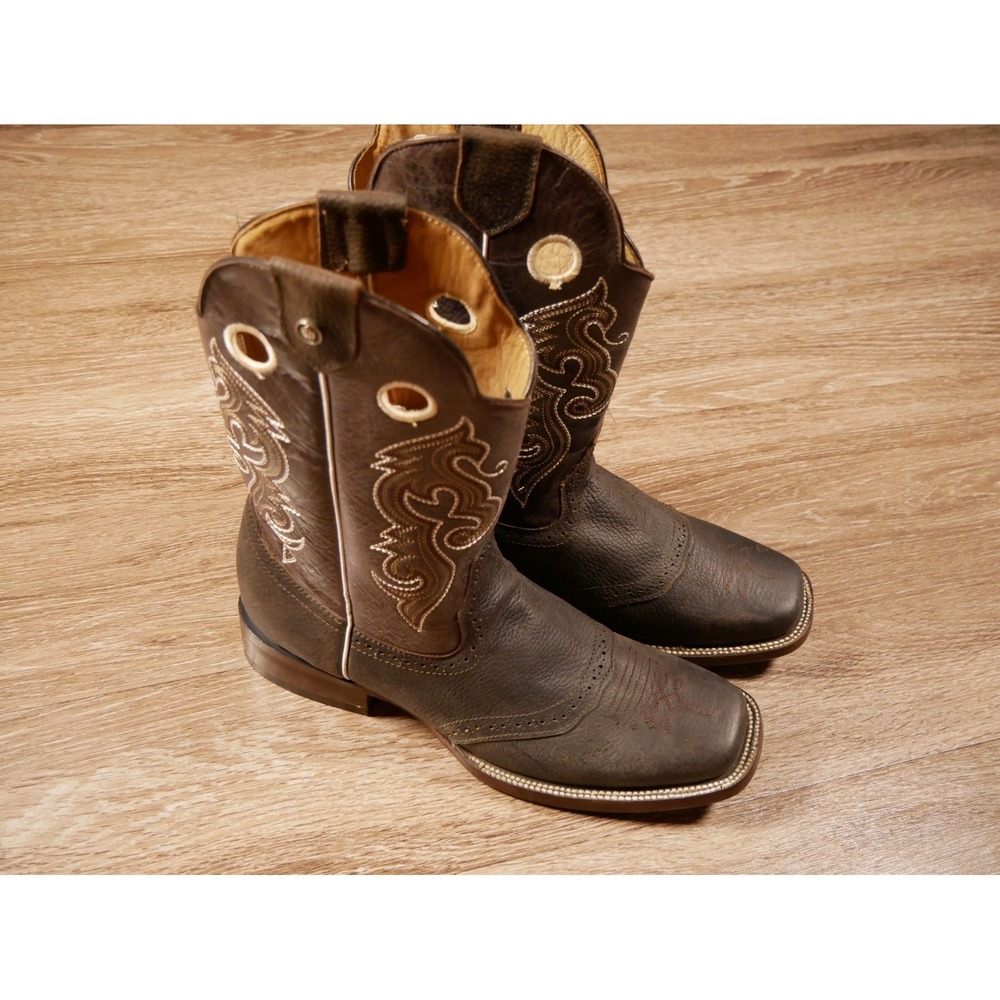 Horsag Mens Brown Leather Square Toe Western Cowboy Boots Pull On Embroidered